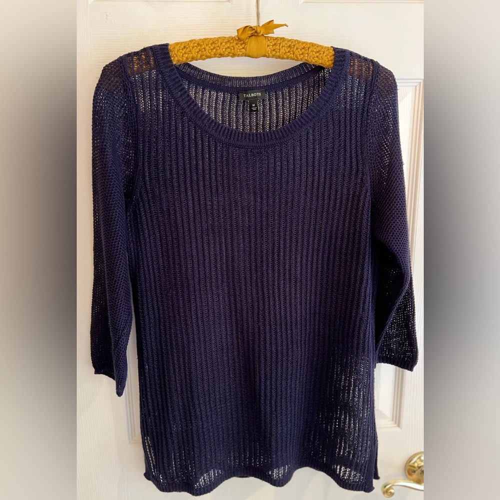 Talbots sz M navy blue woven semi sheer crew neck pullover layering sweater top